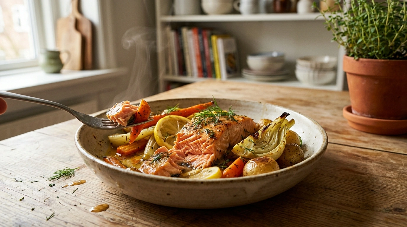 Nem ovnbagt laks med grøntsager og citron